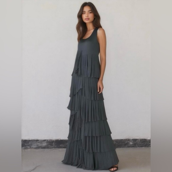 Vivienne Tam Maxi Dress Classic Ruffled Tiered Tank Modal Stretch Boho M Black - Picture 1 of 8